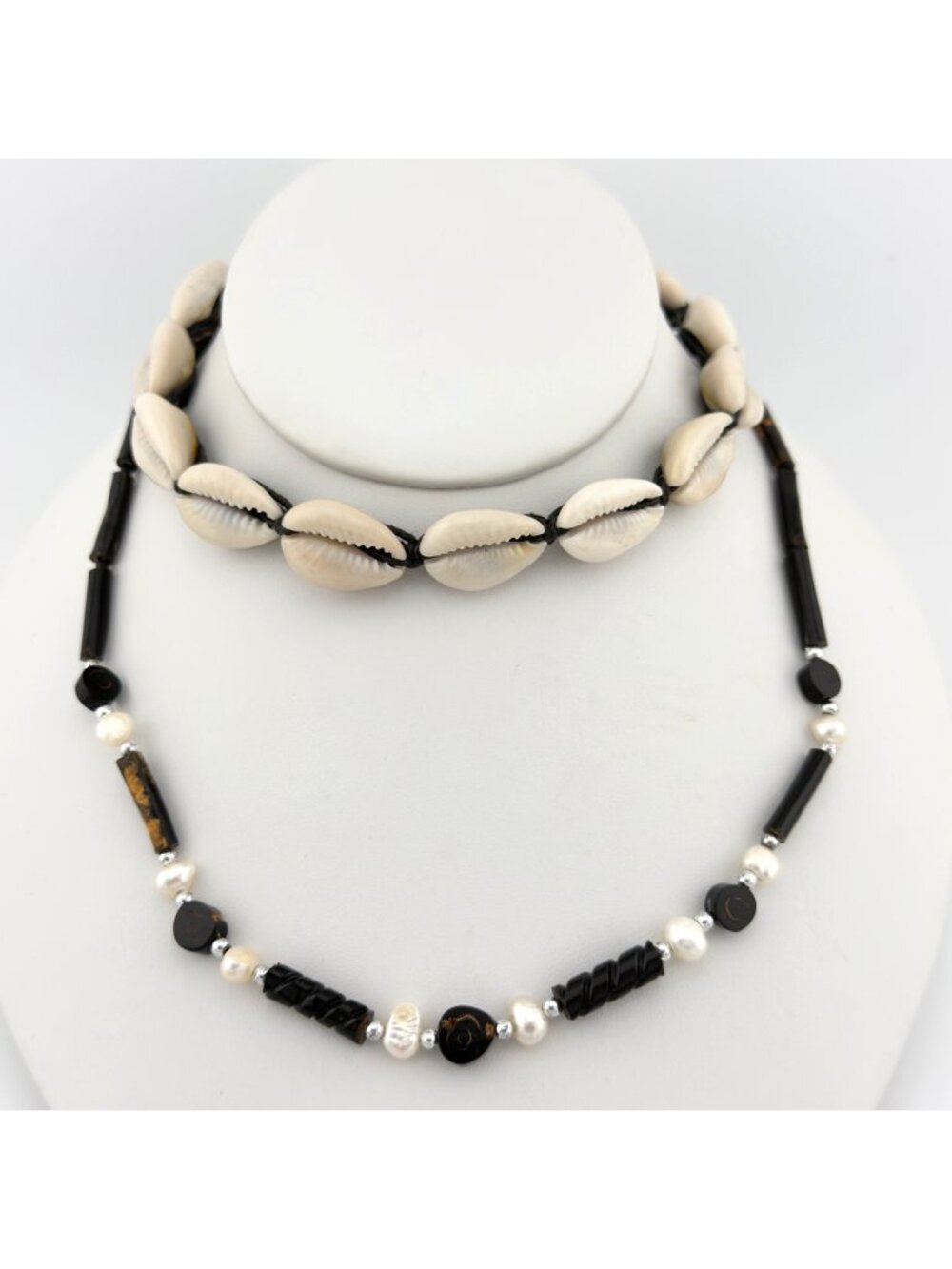 Vintage Cowrie Shell Black Bead Freshwater Pearl Necklace Set Boho Coastal